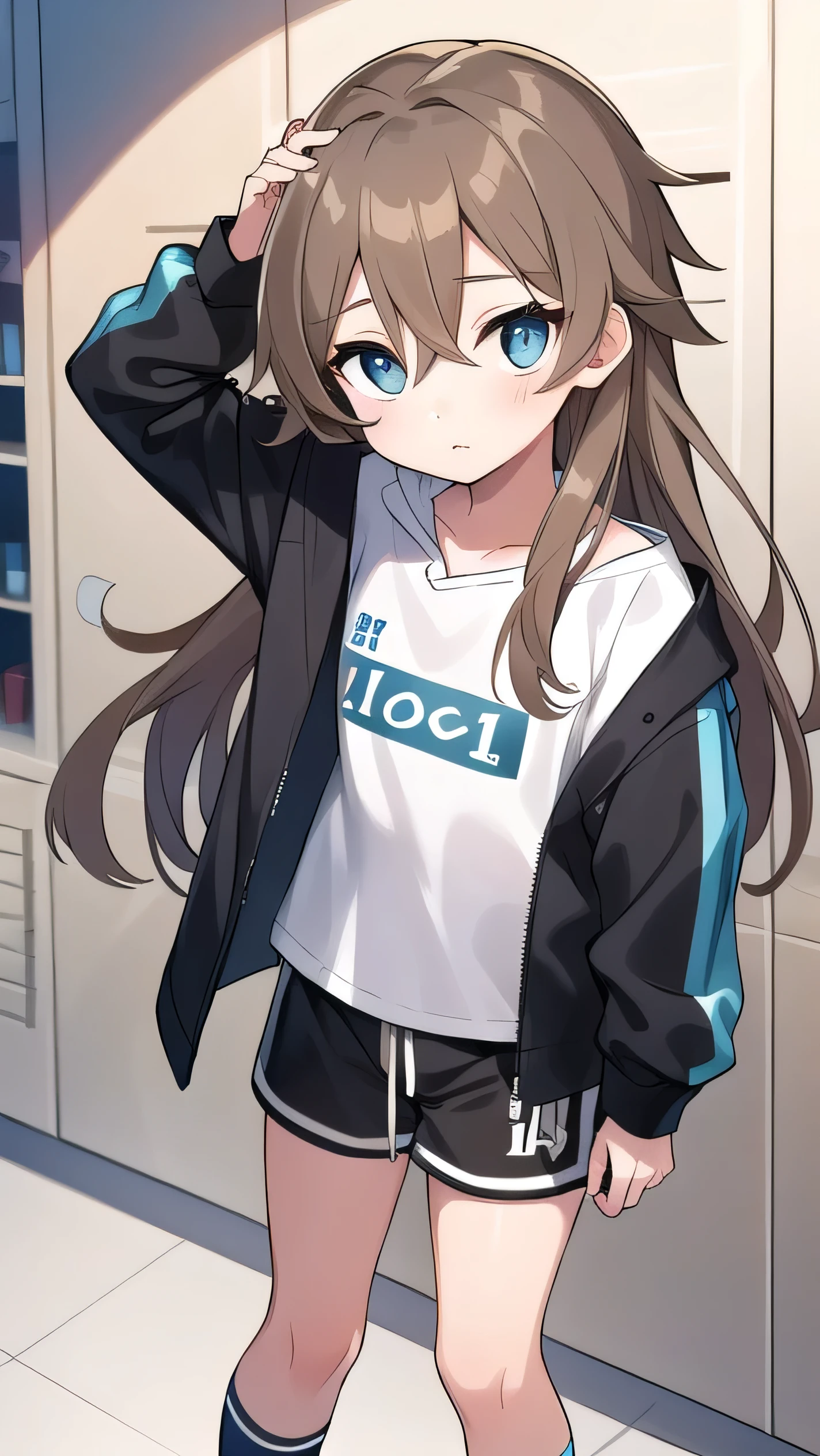 Girl, ( light brown hair :1.5), (black eyes:1.2), (big eyes: 1.1), (sagging eyes: 1.5), (very long hair:1.1), hair between eyes, cyan long-sleeved hoodie, white T-shirt, dark blue shorts, white sneakers, (flat chest), (straight hair), very short, only , droopy eyes, wearing a jacket, 11 years old, wearing a jacket,, (short height:1.3), young face , sleepy face, smooth straight hair, locker room,