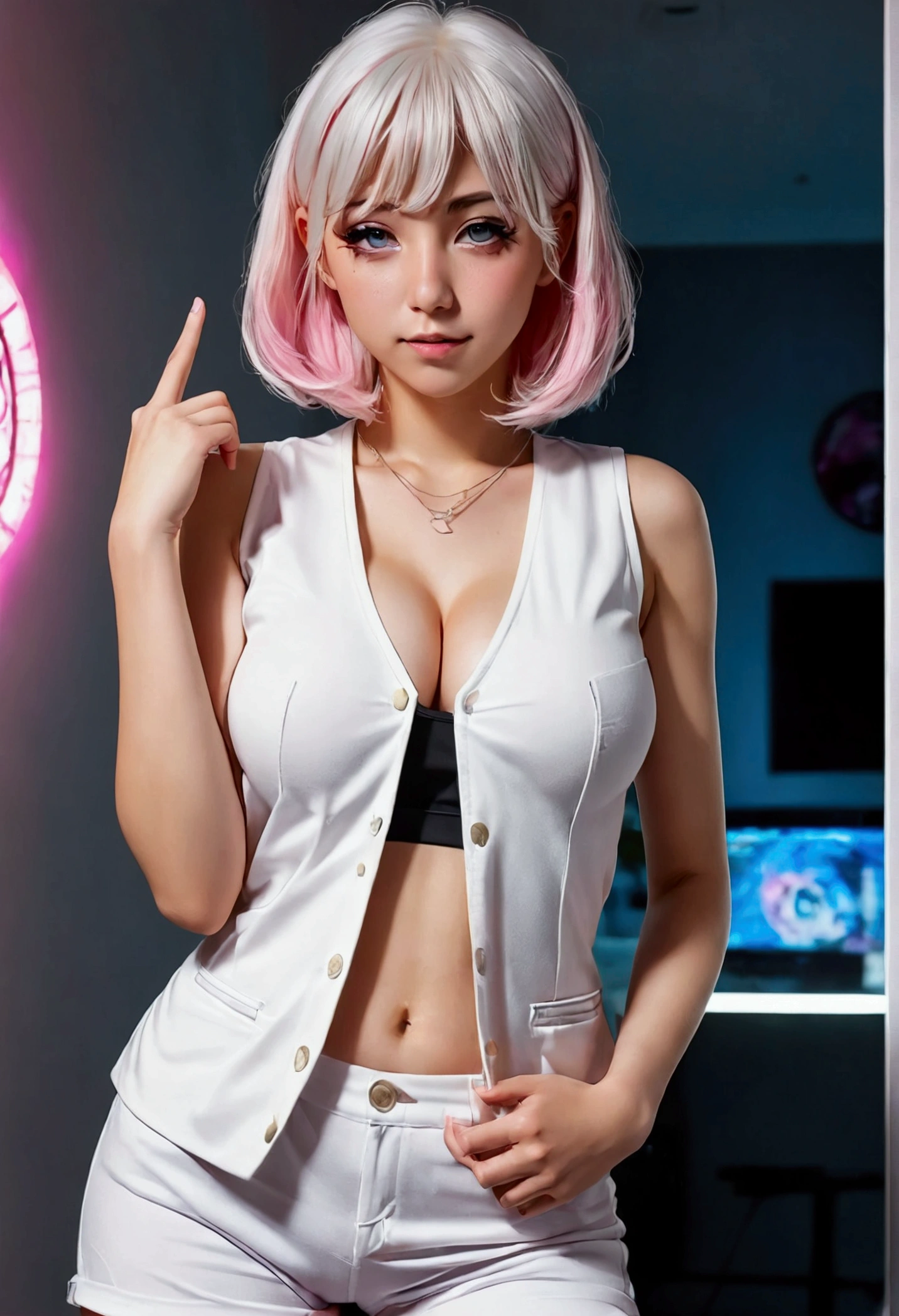 A girl solo standing her room,white glass, pink eye, medium white hair, glowing skin, big boob, white vest shes vest open showing her boob   medium short black pant she showing her vagina sexy pose shes finger her vagina 2d anime best ultra hd 16k 2d anime image