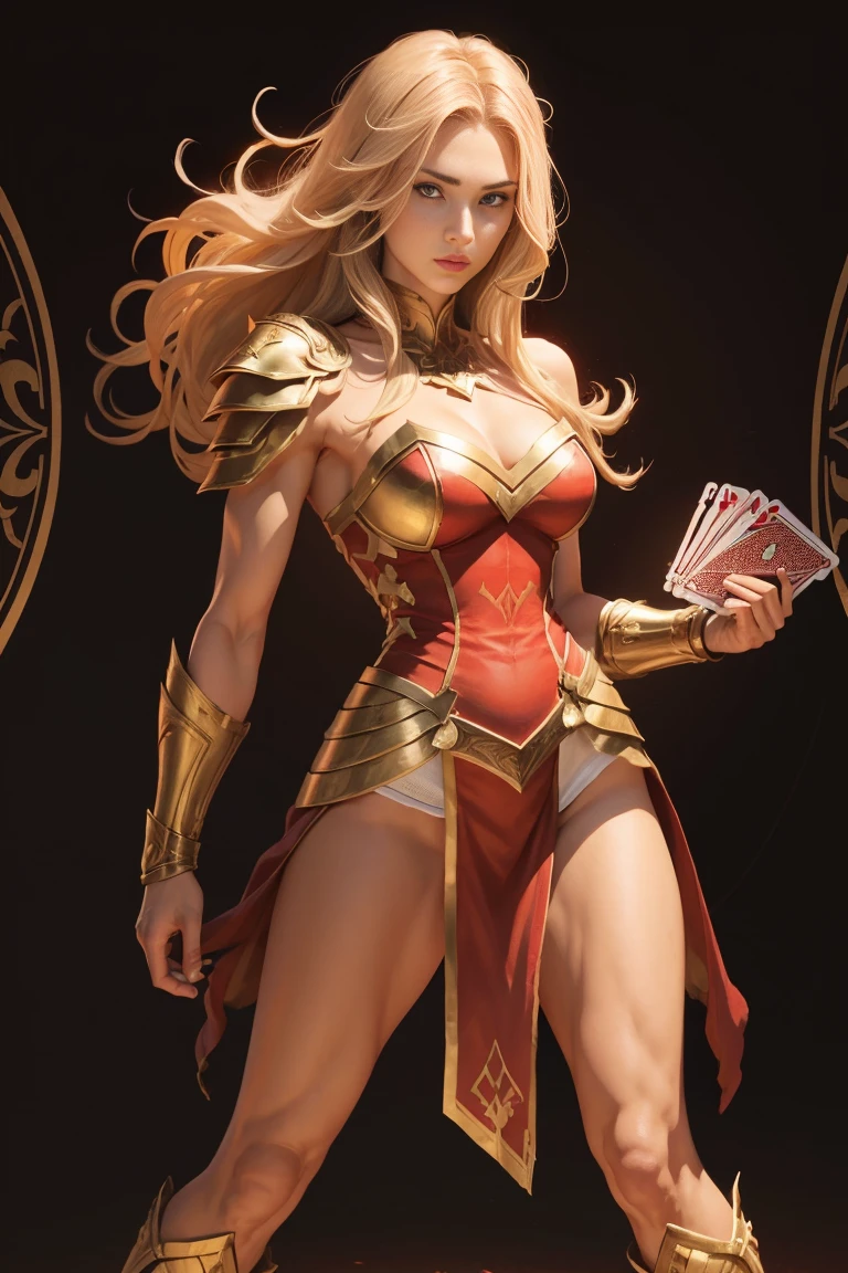 A Full body illustration of a female warrior/hero. She is holding playing cards in one hand. She is tall, has toned body, slightly muscular body. Red and gold, slight armor outfit. Holding playing cards in one hand