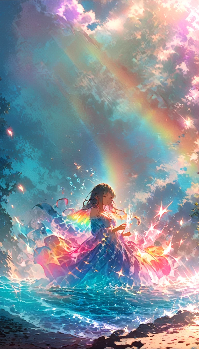 Mysterious glowing spell casting girl, ((Fantasy Rainbow Ocean)), Vibrant colors, Fantastic Light, Detailed speech bubbles, Magical atmosphere, Nice views, Dreamy atmosphere, Sparkling, Roomy robes, The magic touch, Mysterious creatures, ((Sparkling waves)), Mystical symbols, Surreal beauty, haze, There&#39;Magic in the air, A magical moment,Mysterious atmosphere, Whimsical Creatures, Full of charm, Fairy, superpower, Fantasy World
