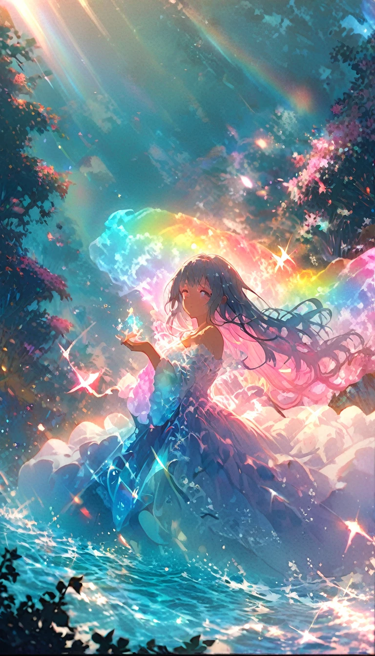 Mysterious glowing spell casting girl, ((Fantasy Rainbow Ocean)), Vibrant colors, Fantastic Light, Detailed speech bubbles, Magical atmosphere, Nice views, Dreamy atmosphere, Sparkling, Roomy robes, The magic touch, Mysterious creatures, ((Sparkling waves)), Mystical symbols, Surreal beauty, haze, There&#39;Magic in the air, A magical moment,Mysterious atmosphere, Whimsical Creatures, Full of charm, Fairy, superpower, Fantasy World
