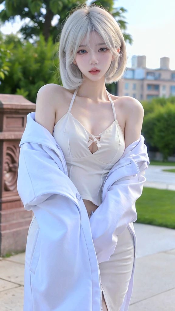 Beautiful woman with perfect figure:1.4，snow，snow背景，Layered Hairstyle，White skin，Prominent cleavage，Pleated Skirt，whole body，Very delicate face and skin texture，Double eyelids，Skin Whitening，Long white hair