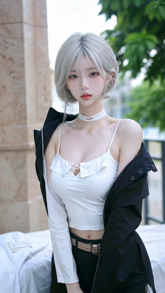 Beautiful woman with perfect figure:1.4，snow，snow背景，Layered Hairstyle，White skin，Prominent cleavage，Pleated Skirt，whole body，Very delicate face and skin texture，Double eyelids，Skin Whitening，Long white hair