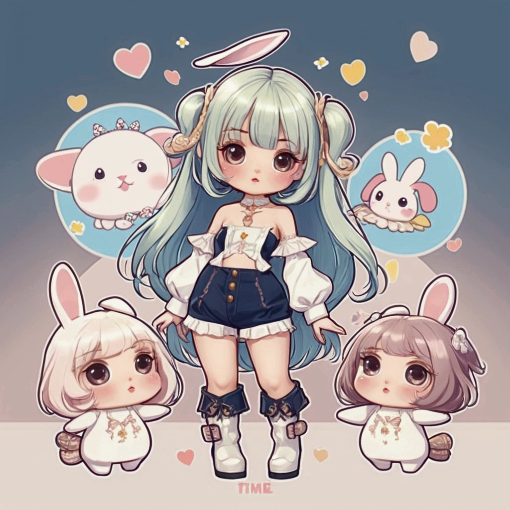 Female cartoons, chibi, characters, proportions, hourglass figure, full body, small waist, beautiful face, cute face, unique face, eyelashes, penis lips, boots, Blythe doll, Bunny Girl outfit, Bunny Girl, waist-length hair, bangs, standing straight-faced