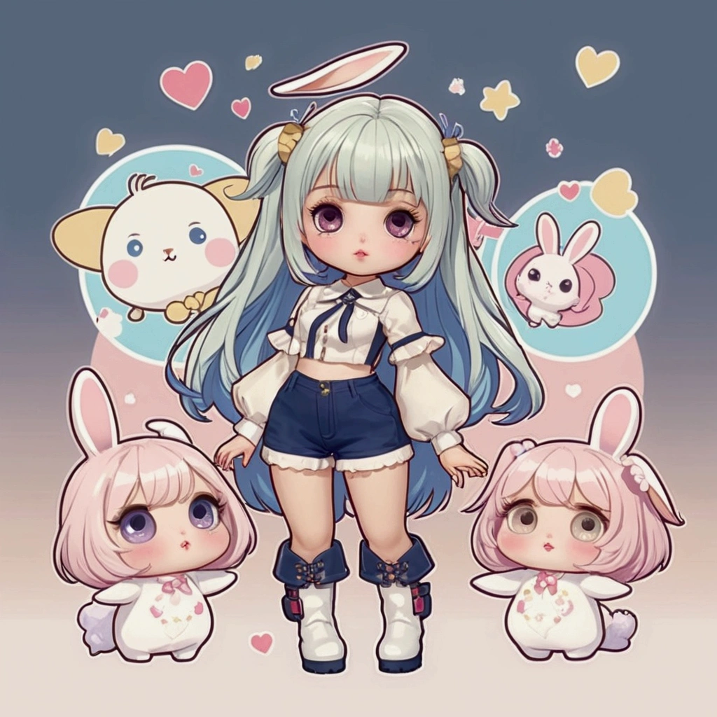 Female cartoons, chibi, characters, proportions, hourglass figure, full body, small waist, beautiful face, cute face, unique face, eyelashes, penis lips, boots, Blythe doll, Bunny Girl outfit, Bunny Girl, waist-length hair, bangs, standing straight-faced