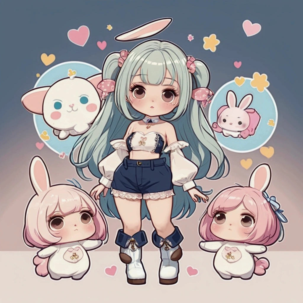 Female cartoons, chibi,  characters, proportions, hourglass figure, full body, small waist, beautiful face, cute face, unique face, eyelashes, penis lips, boots, Blythe doll,  Bunny Girl outfit, Bunny Girl, waist-length hair, bangs, standing straight-faced