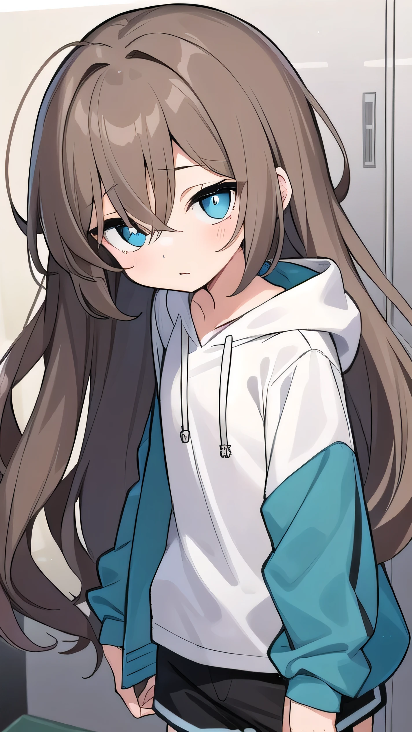 Girl, ( light brown hair :1.5), (black eyes:1.2), (big eyes: 1.1), (sagging eyes: 1.5), (very long hair:1.1), hair between eyes, cyan long-sleeved hoodie, white T-shirt, dark blue shorts, white sneakers, (flat chest), (straight hair), very short, only , droopy eyes, wearing a jacket, 11 years old, wearing a jacket,, (short height:1.3), young face , sleepy face, smooth straight hair, locker room,
