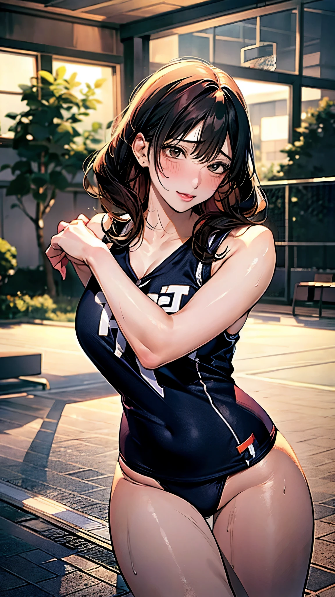 kiss,Embrace each other,Sexy pose,Sports uniforms,lily,woman,Basketball Player,Group shot,Sweat:1.5,bent at the waist,Protruding buttocks.