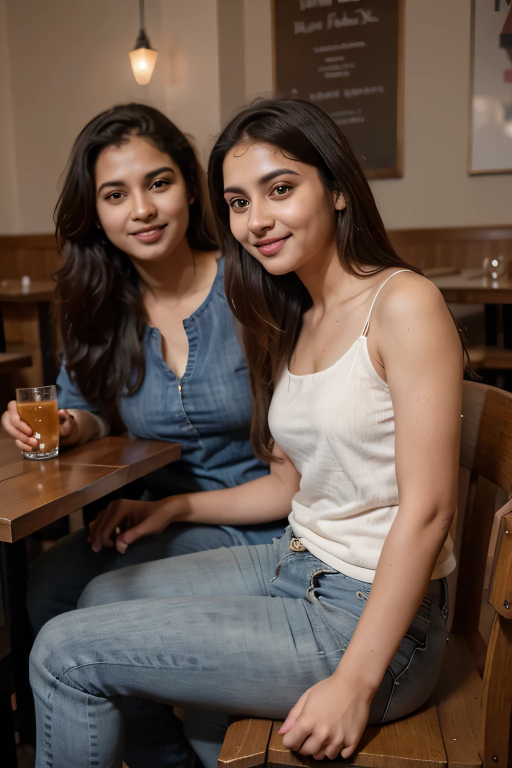 A 21 year old beautiful Indian girl with long hair smiling face beautiful eyes wearing a kurti dress and jeans pant sitting with a male friend in a restaurant