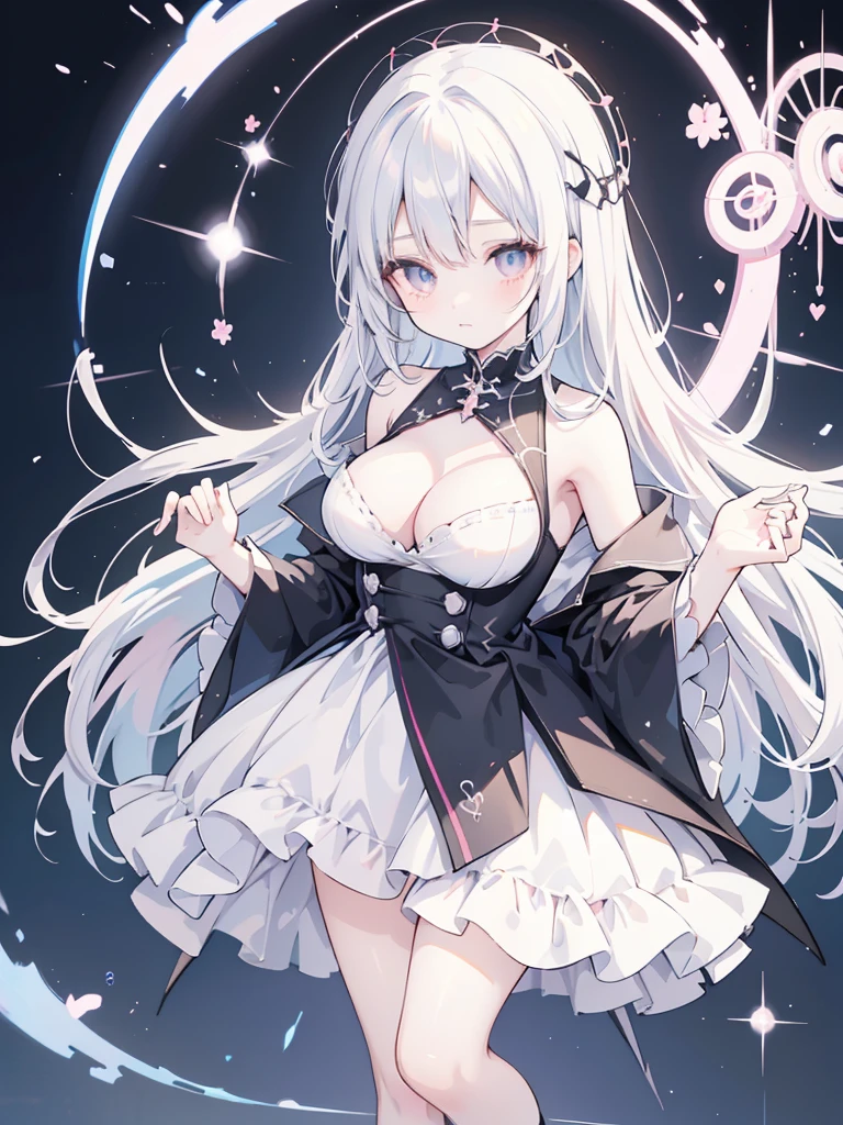 Anime-style image of a woman with white hair and black clothing, Cute 3D anime girl render, Cute anime waifu in a nice dress, Anime VTuber Full Body Model, Anime girl in a black dress, Gothic Maiden Anime Girl, Highly detailed characters, Official character art,Prayer,Big Tits