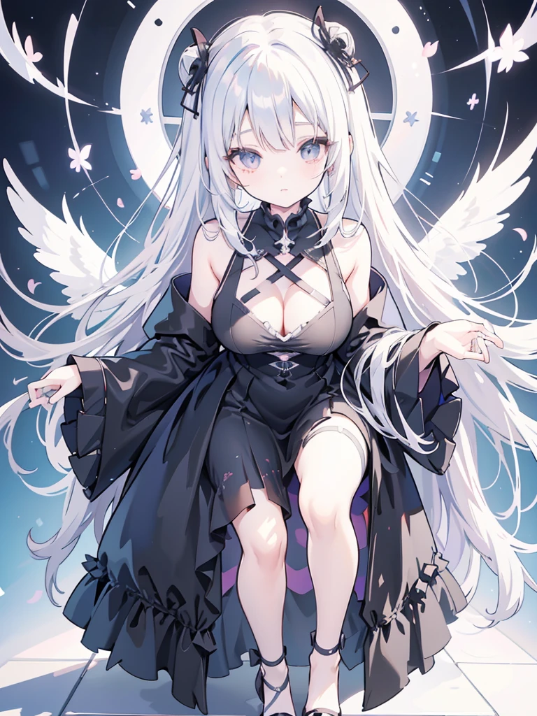 Anime-style image of a woman with white hair and black clothing, Cute 3D anime girl render, Cute anime waifu in a nice dress, Anime VTuber Full Body Model, Anime girl in a black dress, Gothic Maiden Anime Girl, Highly detailed characters, Official character art,Prayer,Big Tits