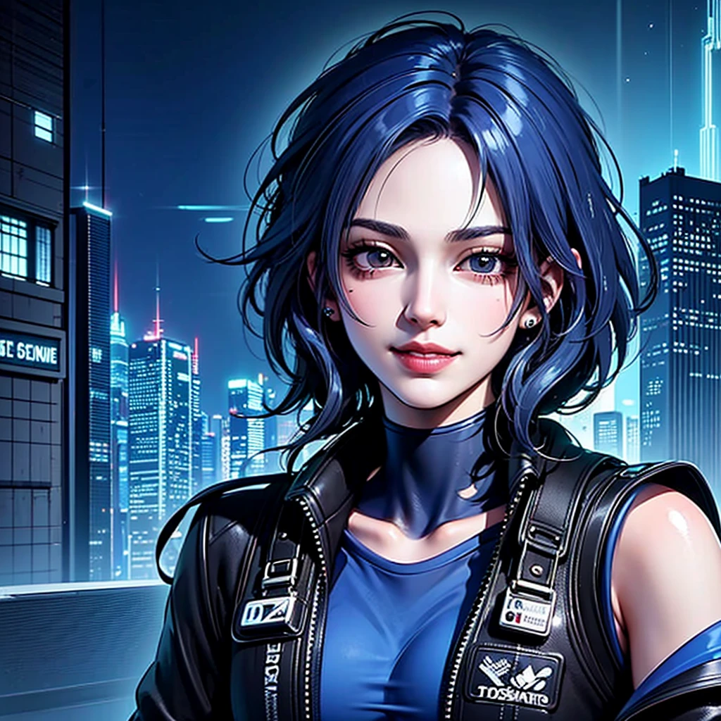 there is a woman with blue hair and a jacket, hyper-realistic cyberpunk style, realistic art style, Retrato ciberpunk, 🤤 portrait of , cyberpunk artstyle, cyberpunk anime digital art, Retrato de RossDraws, garota cyberpunk sonhadora, the cyberpunk portrait of , portrait of cg society, cyberpunk style ， hyper realist, realism art style, photorealistic art style, rossdraws pastel vibrante, smiling