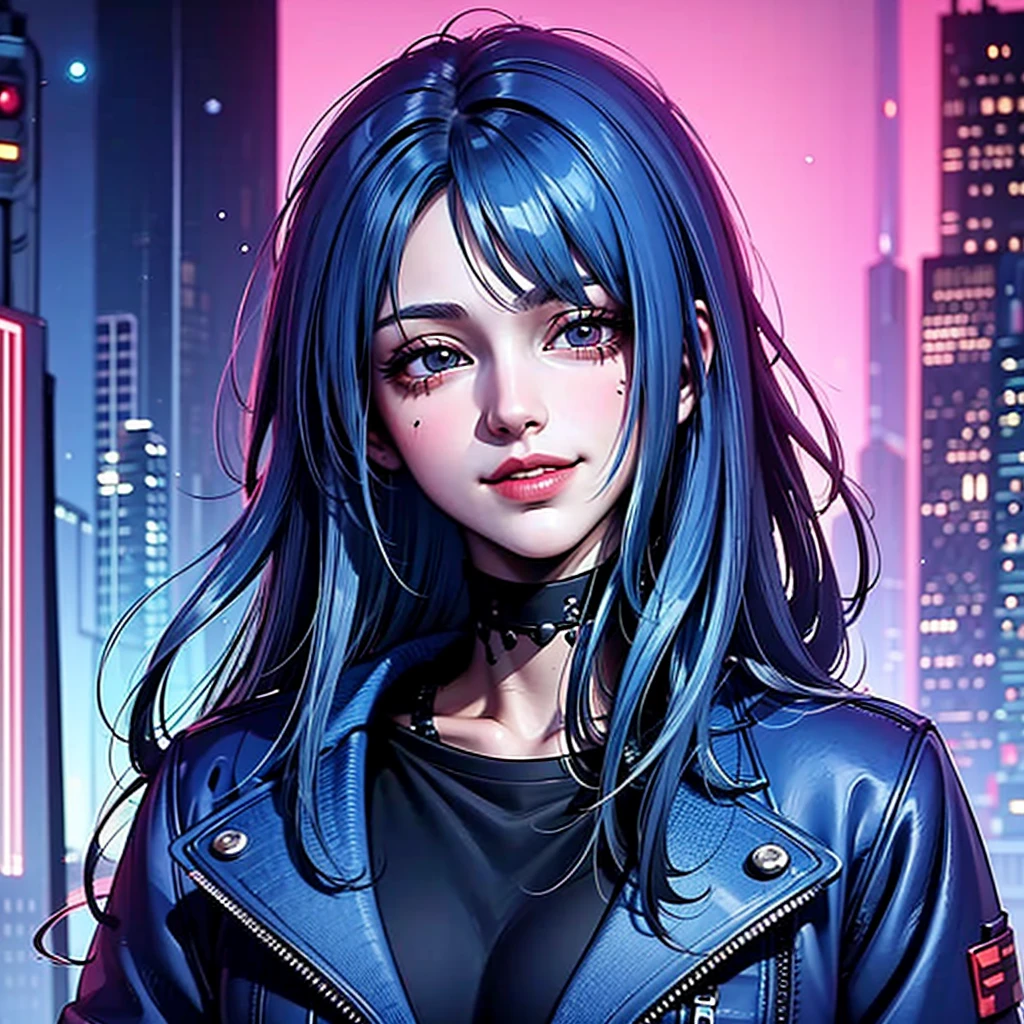 there is a woman with blue hair and a jacket, hyper-realistic cyberpunk style, realistic art style, Retrato ciberpunk, 🤤 portrait of , cyberpunk artstyle, cyberpunk anime digital art, Retrato de RossDraws, garota cyberpunk sonhadora, the cyberpunk portrait of , portrait of cg society, cyberpunk style ， hyper realist, realism art style, photorealistic art style, rossdraws pastel vibrante, smiling