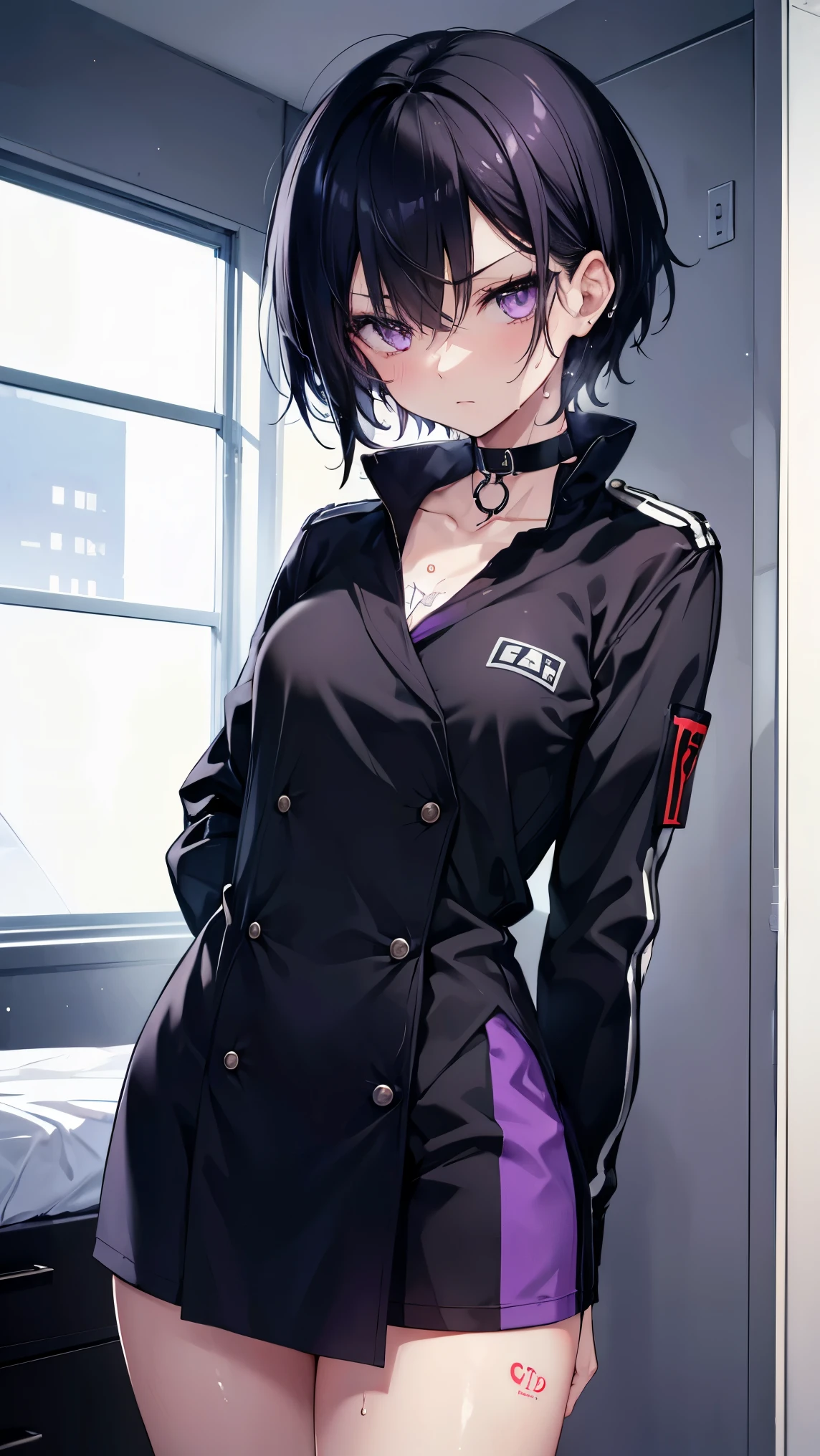 High resolution,high resolution,Girl,Black Hair,Short Hair,Purple Eyes,Slanted Eyes,Bad mood,boyish,slender,Toned body,uniform,,Tattoo,Bedroom,low length,Starry Sky,choker,Wet with sweat,