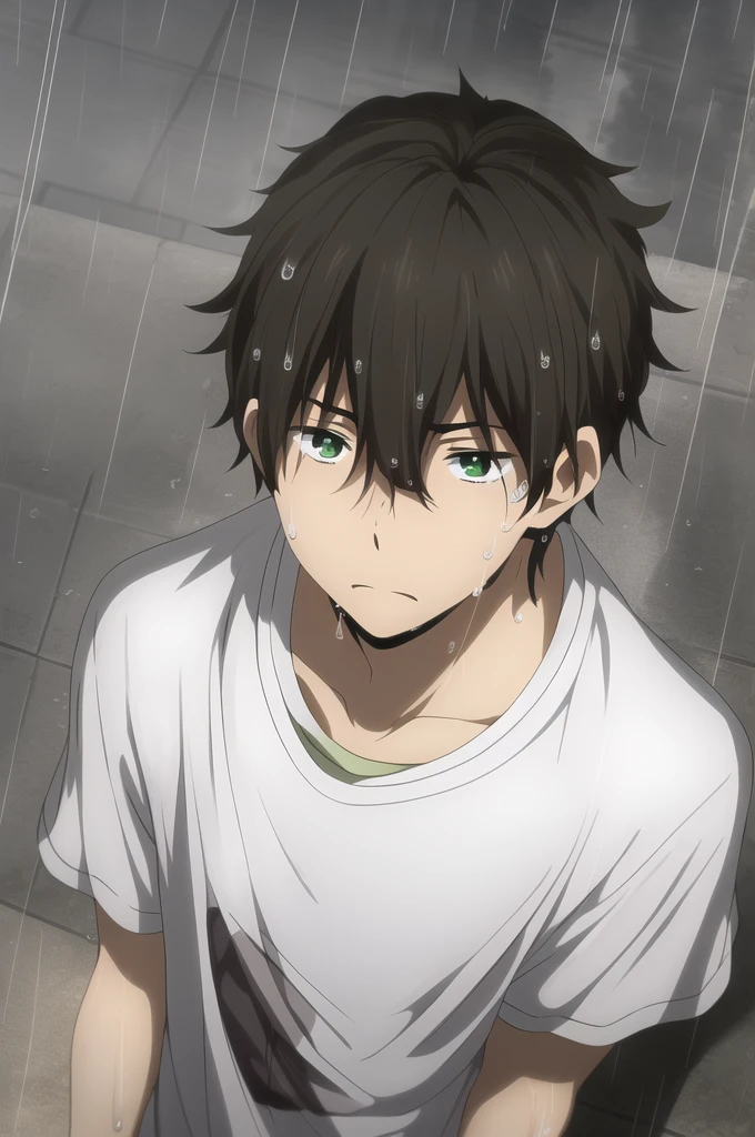 masterpiece, best quality, youle, 1boy, male focus, solo, brown hair, green eyes, standing, straight-on, upper body, (looking up), wet, looking at sky, thinking, t-shirt, rain, dark, fog