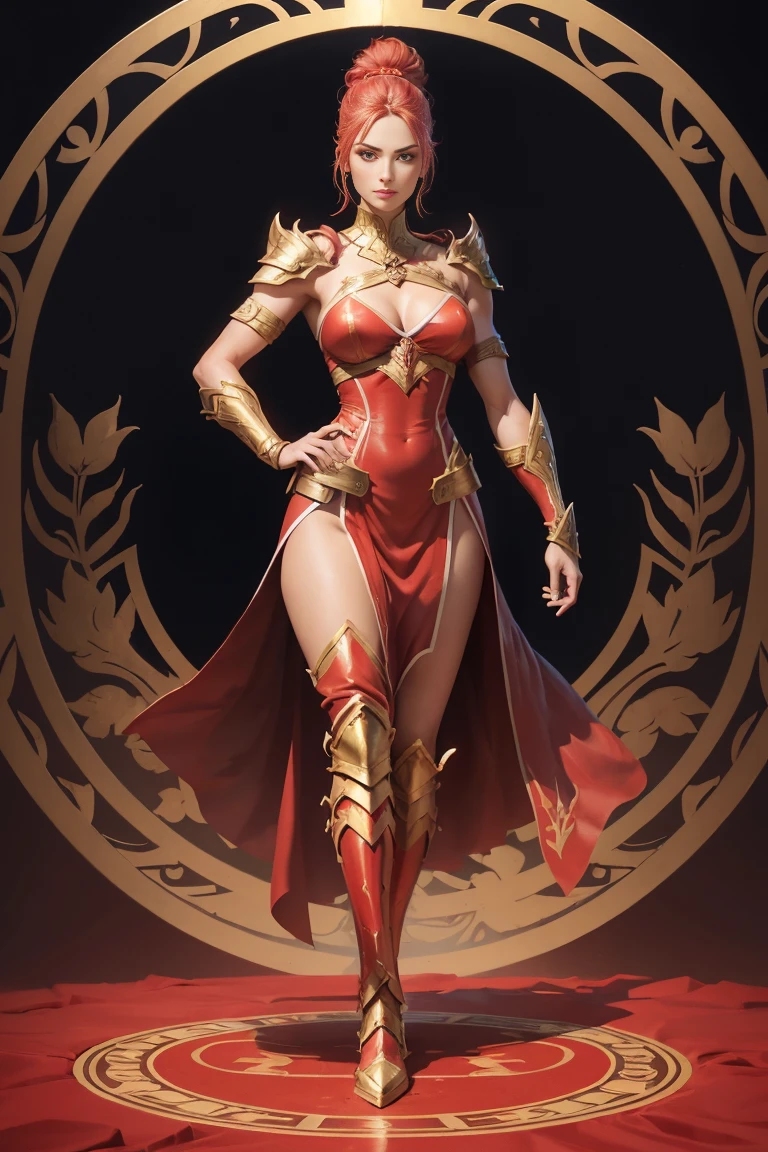 A Full body illustration of a female warrior/hero. She is holding playing cards in one hand. She is tall, has toned body, slightly muscular body. Red and gold, slight armor outfit. Holding playing cards in one hand

