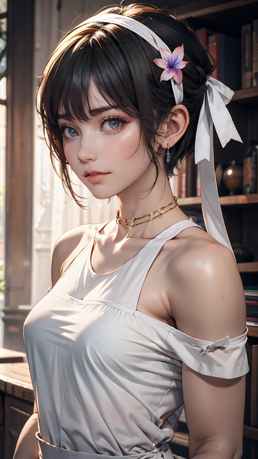 24-year-old female、Pixie Cutヘア((Pixie Cut))、hair band((Hair Ribbon))、Sexy proportions、Black Hair、iris、Long eyelashes、Wear a black one-shoulder top、can'You can't see my belly button、Wear a mini pleated skirt with frills、Handbags Shoulder bags、European cityscape、Cobblestones、Decorative street lights、Art Nouveau metal frame bench、Wearing high heels