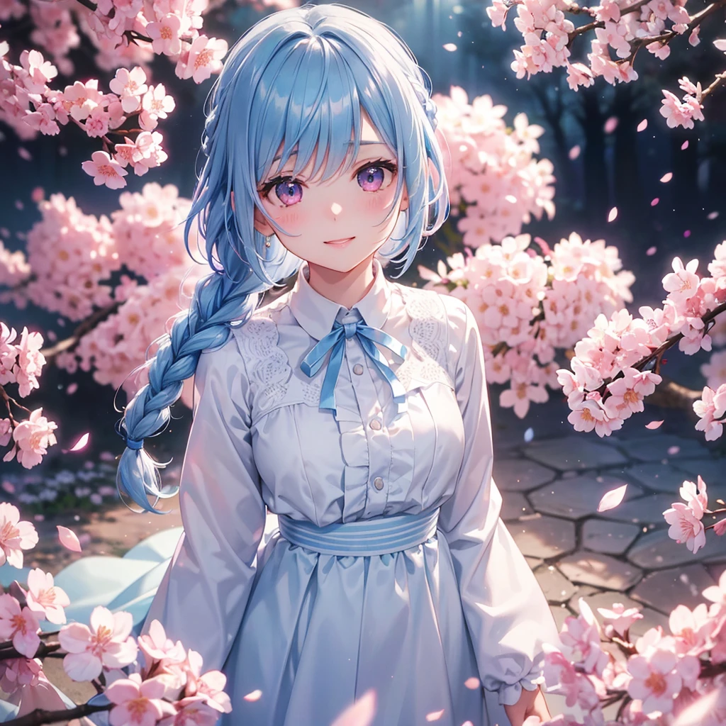 (Light blue medium hair),(Braided hair tied together)、Pink eyes、Fair skin、(whole body)、(uniform)、Cherry Blossoms at Night、A big smile、A dignified figure、solo、(masterpiece、Highest quality、Very detailed、Best Shadow)、(Detailed Background)、(Beautifully detailed face)、High contrast、(Best lighting、Very delicate and beautiful)、((Cinematic Light))、colorful、Hyper Detail、Dramatic Light、Exquisite detail、
