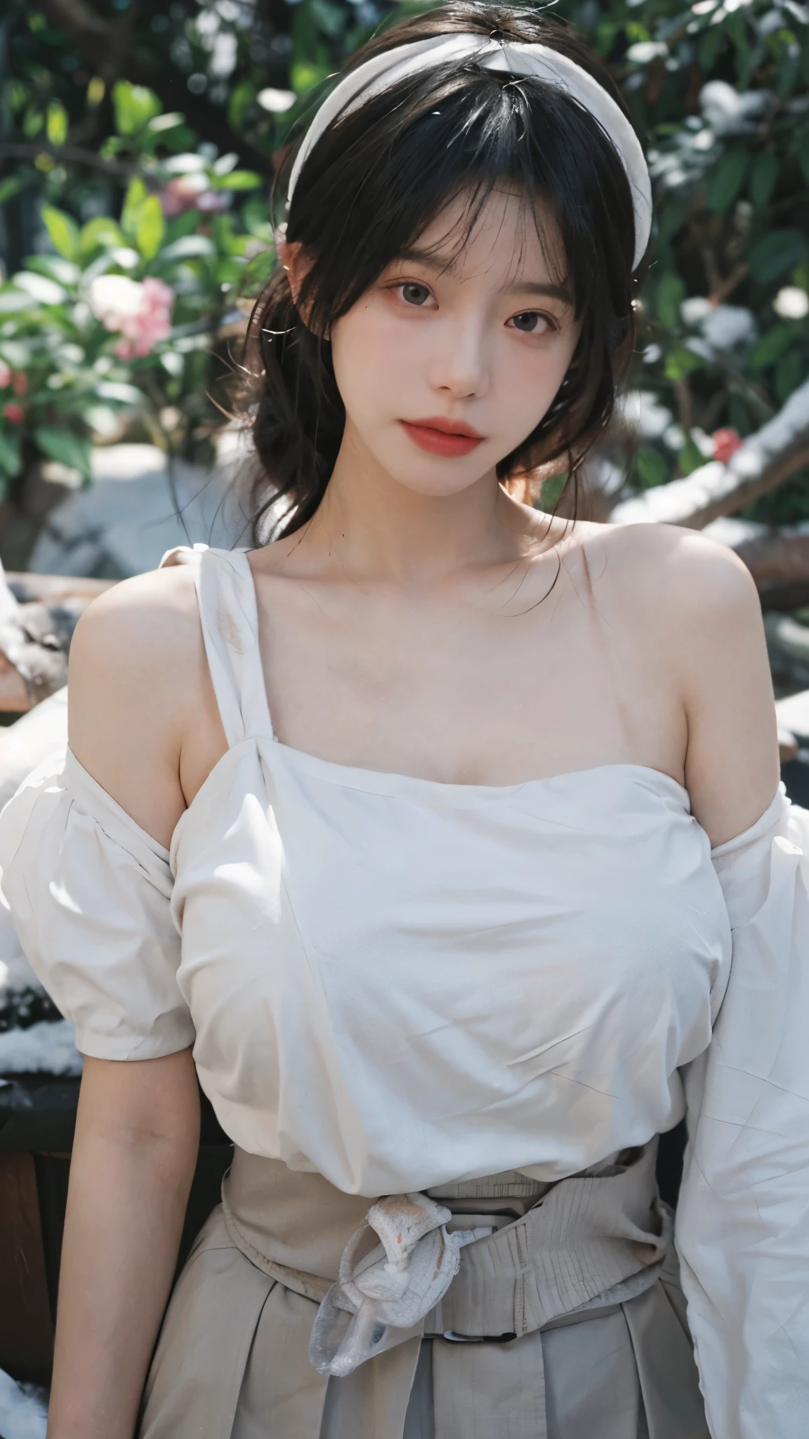 Portrait photography，1 girl，Snow Scene，Snowing background，One shoulder erfly print dress for women in summer sexyt girl slim waist hip skirt，Flowers，White，whole body：1.4，Lipstick，(Big Breeadband，serene，calm，(Realistic and detailed eyes，Natural skin texture，Realistic facial details)，