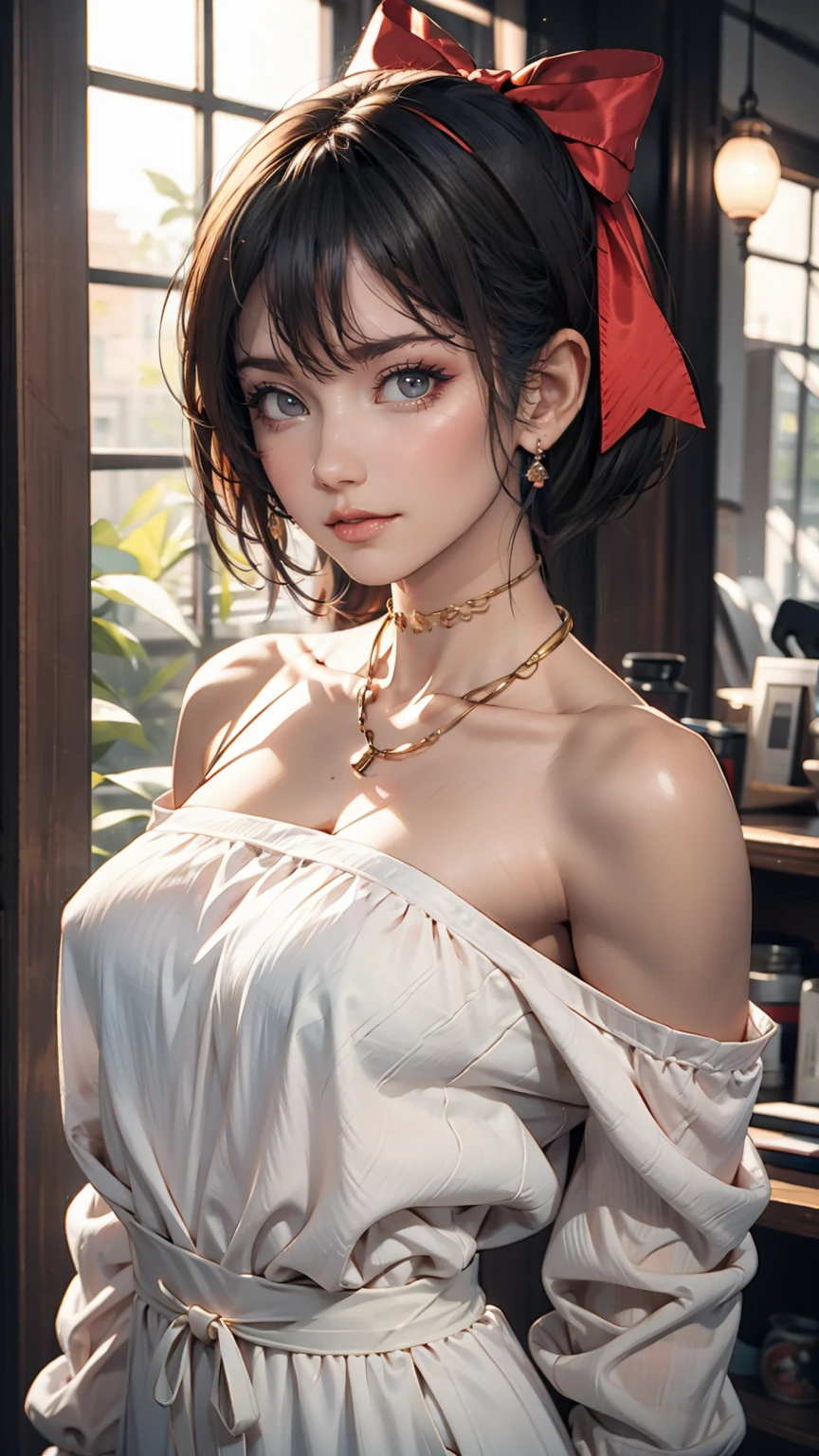 24-year-old female、Pixie Cutヘア((Pixie Cut))、hair band((Hair Ribbon))、Sexy proportions、Black Hair、iris、Long eyelashes、Wear a black one-shoulder top、can&#39;You can&#39;t see my belly button、Wear a mini pleated skirt with frills、Handbags Shoulder bags、European cityscape、Cobblestones、Decorative street lights、Art Nouveau metal frame bench、Wearing high heels