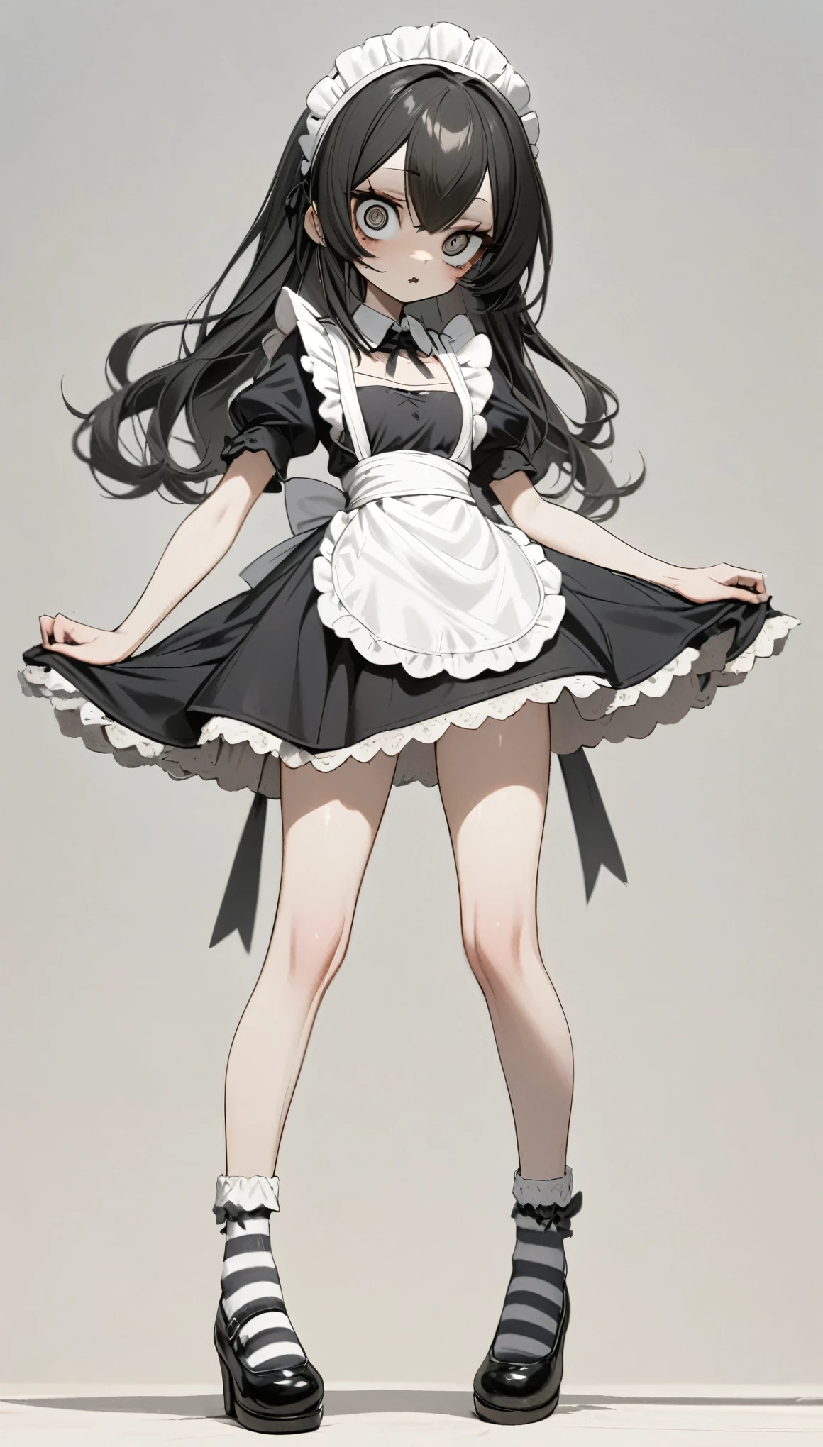 1 big eyes doll,Unique,Maid costume,black and white,Slender legs,Long striped socks,shoe