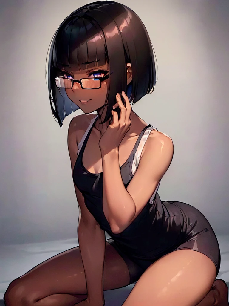 (1 femboy:1.5),(dark skin:1.5),(masterpiece:1.2), highest quality, High resolution, unity 8k wallpaper, (fine and beautiful eyes:1.6), highly detailed face, perfect lighting, Detailed CG, (perfect hands, perfect anatomy),20 years old, (black hair:1.3), detailed eyes, best quality, extremely detailed, very precise detailed, (glasses:1.4), , (straight hair:1.5), (evil smile:1.3) , (blush:1.3),(very short pixie cut:1.4),(blunt bangs:1.4), (greaming skin:1.3),(flat chest),(tank top:1.5),(open mouth),(bike shorts),(leaning_forward:1.4),(from side:1.2),looking_at_viewer,,(kneeling:1.4),