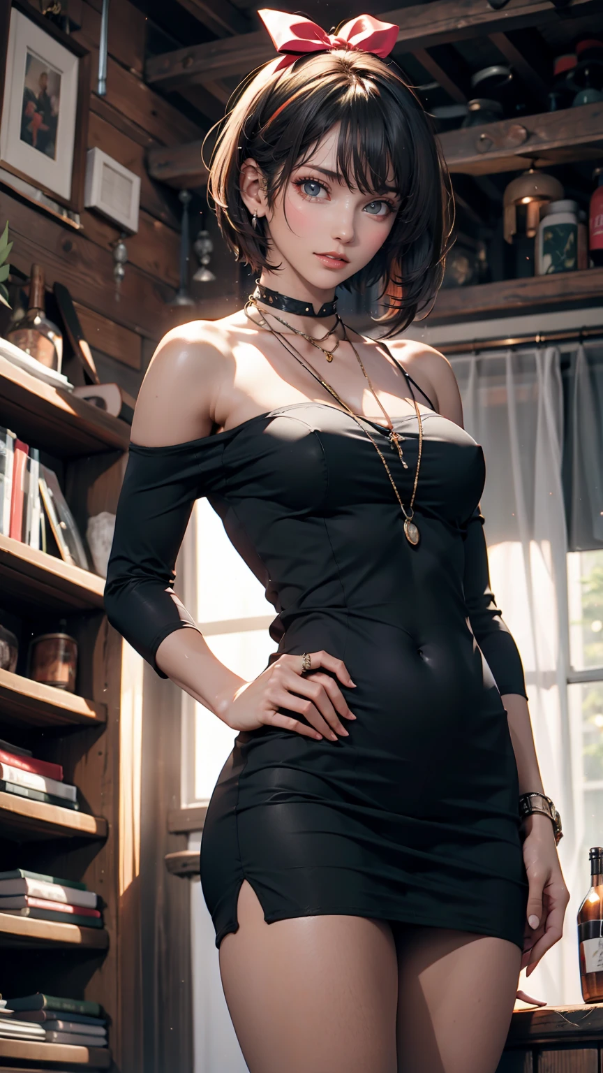 24-year-old female、Pixie Cutヘア((Pixie Cut))、hair band((Hair Ribbon))、Sexy proportions、Black Hair、iris、Long eyelashes、Wear a black one-shoulder top、can'You can't see my belly button、Wear a mini pleated skirt with frills、Handbags Shoulder bags、European cityscape、Cobblestones、Decorative street lights、Art Nouveau metal frame bench、Wearing high heels
