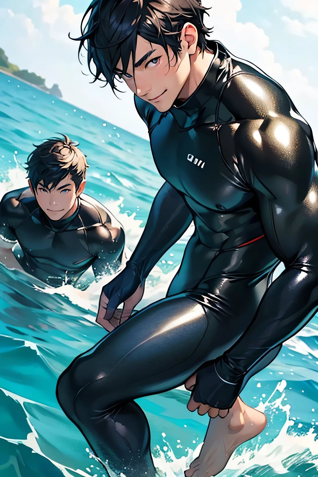 40 years old,One Man,、Black bodysuit、Shocker Belt、Black gloves、The edge of the ocean、Lying on your back、Being attacked、Legs wide open、The crotch area is bulging、 logic,Gay ,Black Hair、Short Hair。かなり短いShort Hair、Handsome Fighter Scream、Painful face、Open your mouth wide and stick out your tongue、Painful and painful scream