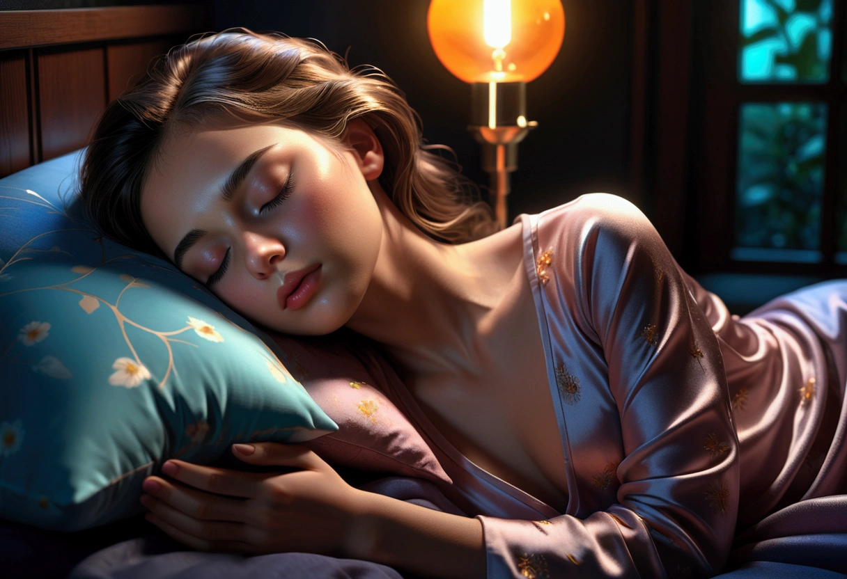 1girl, european, close-up, closed_eyes, sleeping, brunette, at night, closeup, night pajama, dark room, dark studio, wide angle, full body, fetal position