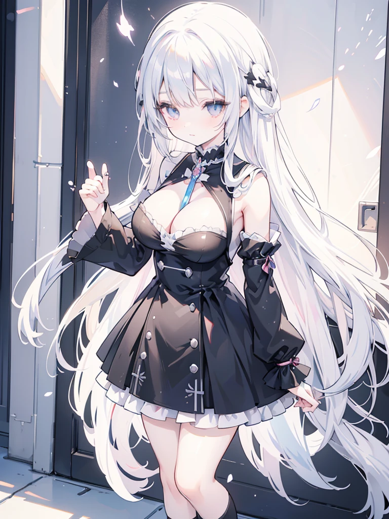 Anime-style image of a woman with white hair and black clothing, Cute 3D anime girl render, Cute anime waifu in a nice dress, Anime VTuber Full Body Model, Anime girl in a black dress, Gothic Maiden Anime Girl, Highly detailed characters, Official character art,Prayer,Big Tits,ghost