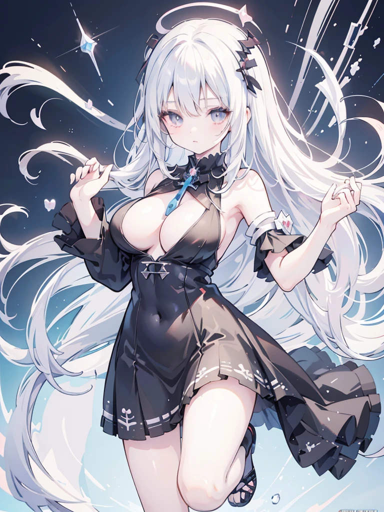 Anime-style image of a woman with white hair and black clothing, Cute 3D anime girl render, Cute anime waifu in a nice dress, Anime VTuber Full Body Model, Anime girl in a black dress, Gothic Maiden Anime Girl, Highly detailed characters, Official character art,Prayer,Big Tits,ghost