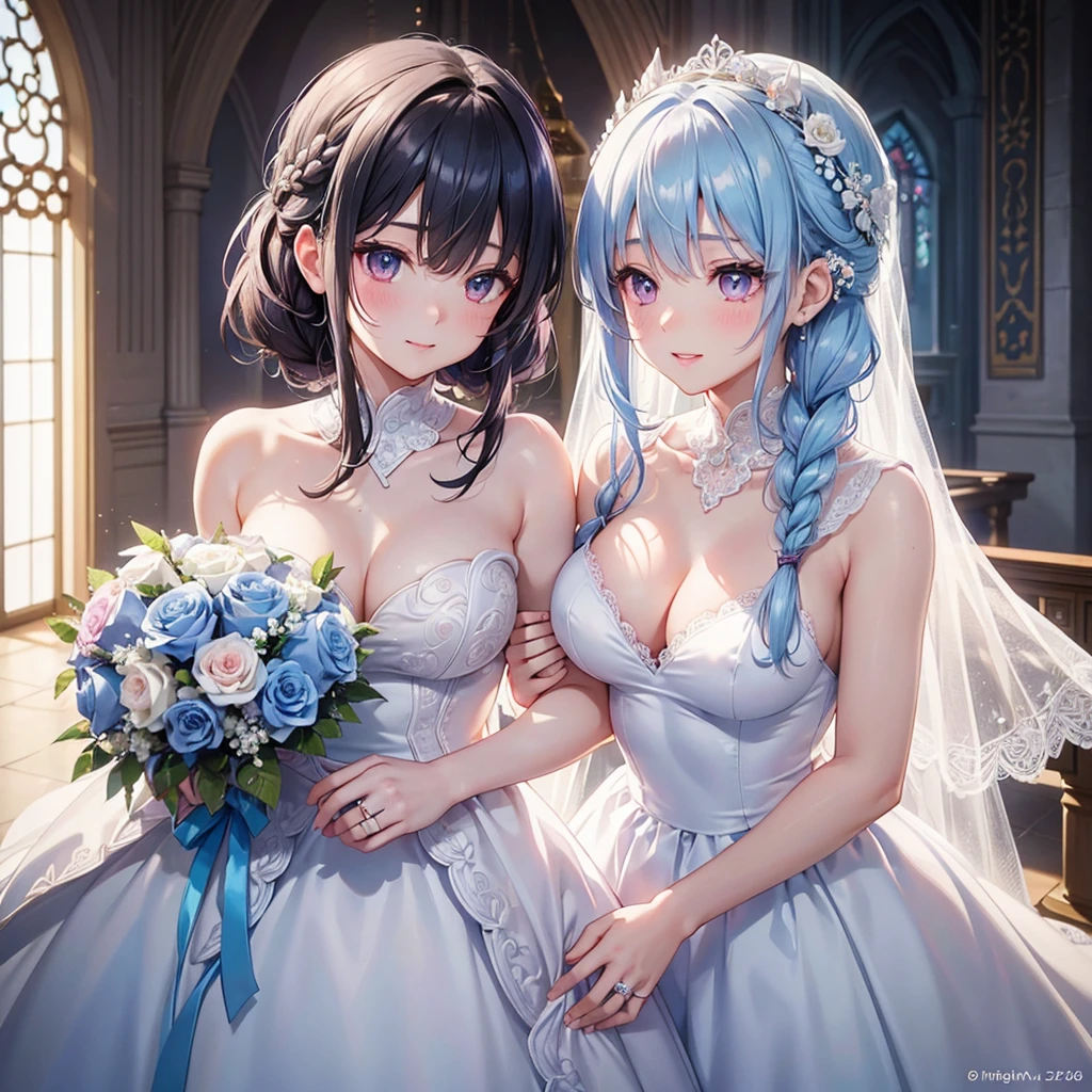  (Light blue medium hair),(Braided hair tied together)、Pink eyes、Fair skin、(whole body),bride,Big smile,Straight bangs,A dignified figure、 6月のbride,Wedding dress,(masterpiece, Highest quality, Very detailed, Best Shadow), (Detailed Background), (Beautifully detailed face), High Contrast, (Best lighting, Very delicate and beautiful), ((Cinematic Light)), colorful, Hyper Detail, Dramatic Light, Intricate details,Chapel background,Bouquet of roses,Ring on left ring finger,