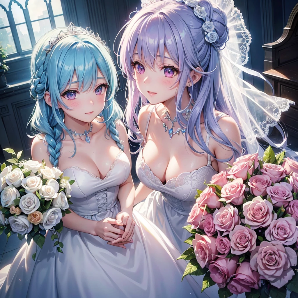  (Light blue medium hair),(Braided hair tied together)、Pink eyes、Fair skin、(whole body),bride,Big smile,Straight bangs,A dignified figure、 6月のbride,Wedding dress,(masterpiece, Highest quality, Very detailed, Best Shadow), (Detailed Background), (Beautifully detailed face), High Contrast, (Best lighting, Very delicate and beautiful), ((Cinematic Light)), colorful, Hyper Detail, Dramatic Light, Intricate details,Chapel background,Bouquet of roses,Ring on left ring finger,