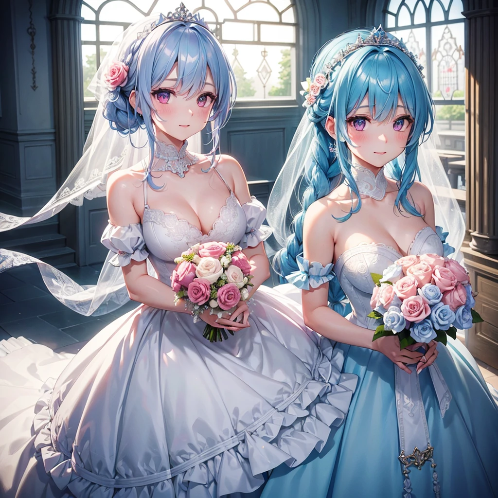 (Light blue medium hair),(Braided hair tied together)、Pink eyes、Fair skin、(whole body),bride,Big smile,Straight bangs,A dignified figure、 6月のbride,Wedding dress,(masterpiece, Highest quality, Very detailed, Best Shadow), (Detailed Background), (Beautifully detailed face), High Contrast, (Best lighting, Very delicate and beautiful), ((Cinematic Light)), colorful, Hyper Detail, Dramatic Light, Intricate details,Chapel background,Bouquet of roses,Ring on left ring finger,