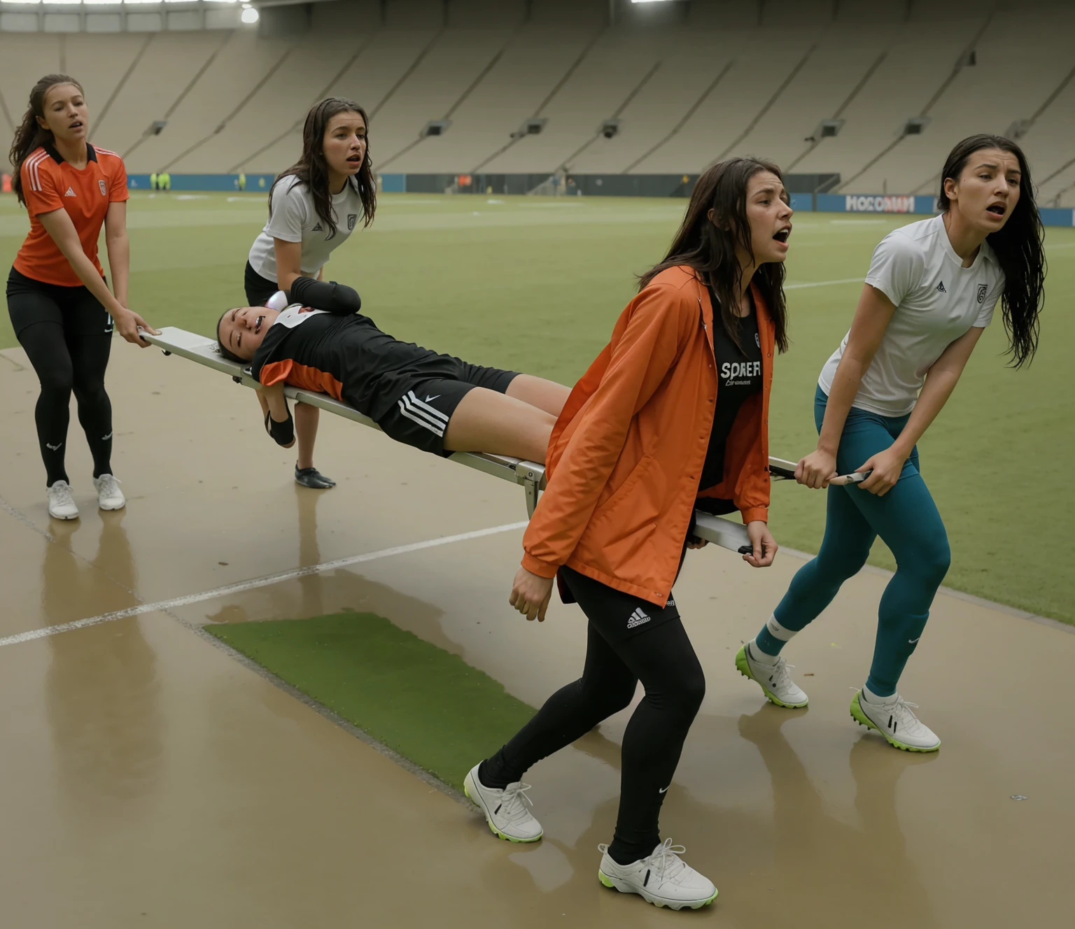 a soccer scene in a sports stadium, cool and wet weather conditions, humide ground, rainy sky, injury scene in a sports stadium, stretcher carry, there are four female medics carrying a stretcher, there are four female medics in very shiny coats who are carrying a stretcher in a sports stadium, there is a wounded male soccer player in a matte short cotton sports outfit lying on the stretcher, an injured male soccer player in matte cotton sportswear is lying in pain on a stretcher, a soccer player in matte cotton sports clothes is rearing up in intense pain while lying on a stretcher, dramatic scene, theatralic posing scene, dramatic pity scene, injury soccer, first aid, help, pity, there are four female medics in wetlook high-shine coats who are looking very sad and very terrified and very shocked, the injured soccer player is screaming out in pain while he is carried from the pitch on a stretcher