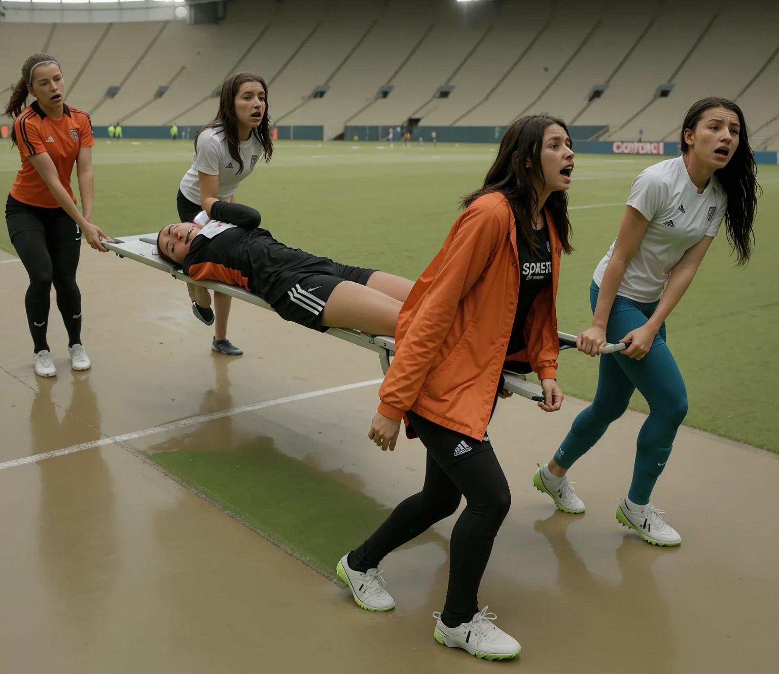 a soccer scene in a sports stadium, cool and wet weather conditions, humide ground, rainy sky, injury scene in a sports stadium, stretcher carry, there are four female medics carrying a stretcher, there are four female medics in very shiny coats who are carrying a stretcher in a sports stadium, there is a wounded male soccer player in a matte short cotton sports outfit lying on the stretcher, an injured male soccer player in matte cotton sportswear is lying in pain on a stretcher, a soccer player in matte cotton sports clothes is rearing up in intense pain while lying on a stretcher, dramatic scene, theatralic posing scene, dramatic pity scene, injury soccer, first aid, help, pity, there are four female medics in wetlook high-shine coats who are looking very sad and very terrified and very shocked, the injured soccer player is screaming out in pain while he is carried from the pitch on a stretcher