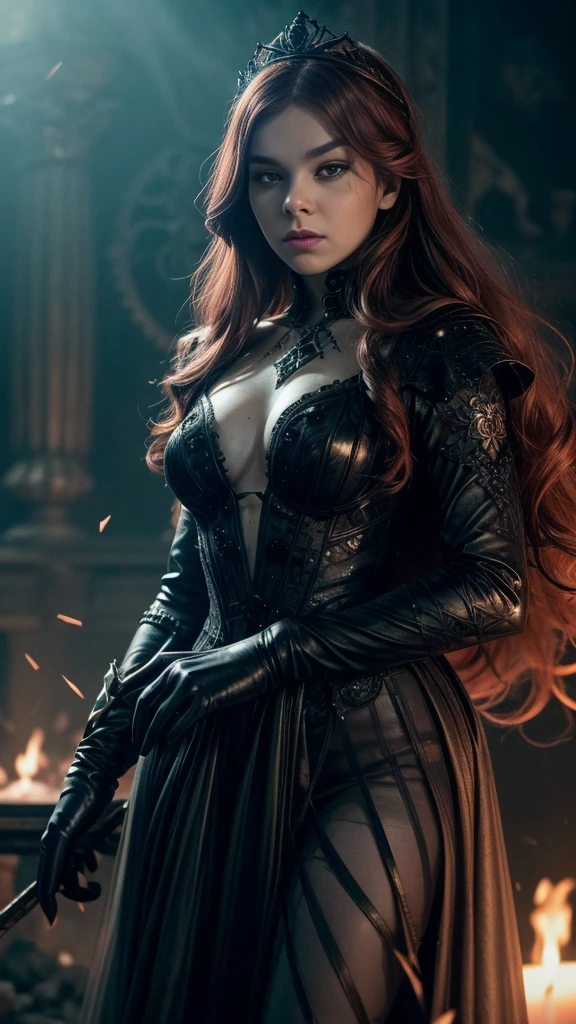 (best quality,4k,8k,highres,masterpiece:1.2),ultra-detailed,(realistic,photorealistic,photo-realistic:1.37),(1girl) cruel and beautiful queen of the underworld, burning city, laughing queen, dark and gloomy atmosphere, intense flames, crumbling buildings, terrified citizens, twisted and eerie shadows, billowing smoke, sparkling embers, ash-filled sky, shattered glass, hauntingly beautiful queen, fiery red hair flowing in the wind, piercing, icy blue eyes, delicate yet menacing smile, regal black gown flowing around her, flickering firelight casting dramatic shadows, eerie silence broken by the queen's echoing laughter, the queen stands tall and proud amidst the chaos, embodiment of power and destruction, gritty and realistic art style, vibrant and contrasting color palette with deep reds and dark shades, ethereal lighting illuminating the queen's face, a sense of both awe and fear in the air.
