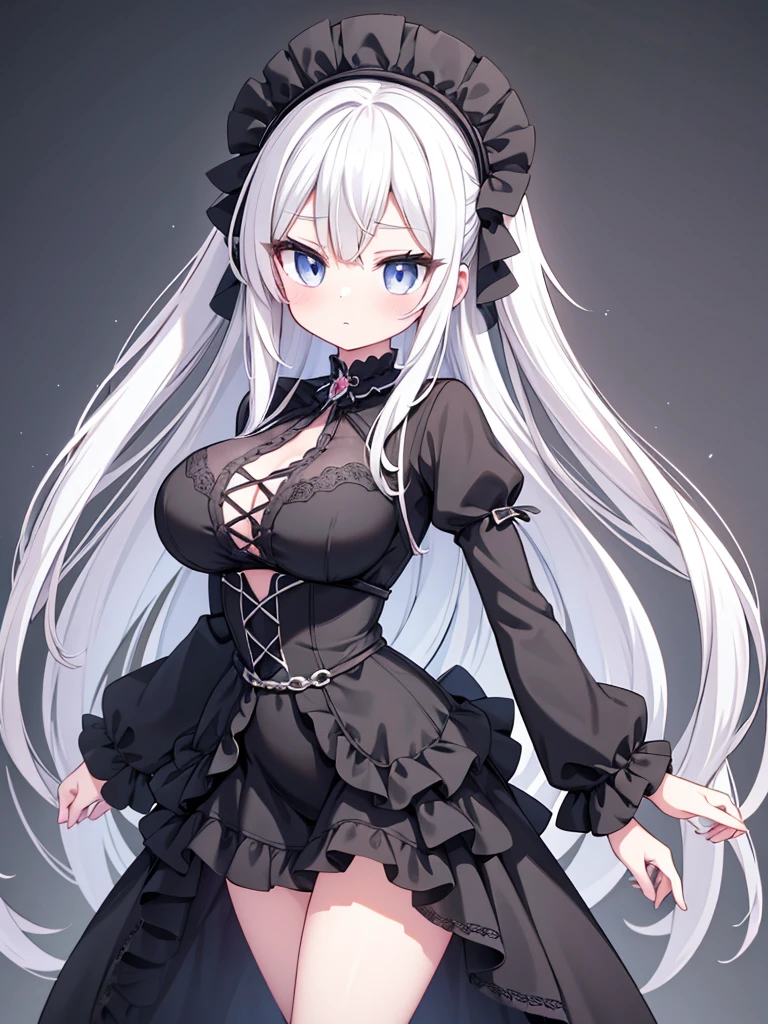 Anime-style image of a woman with white hair and black clothing, Cute 3D anime girl render, Cute anime waifu in a nice dress, Anime VTuber Full Body Model, Anime girl in a black dress, Gothic Maiden Anime Girl, Highly detailed characters, Official character art,Prayer,Big Tits
