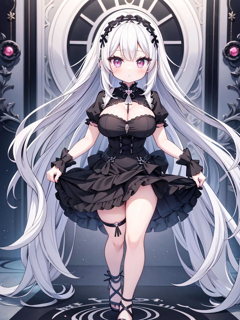 Anime-style image of a woman with white hair and black clothing, Cute 3D anime girl render, Cute anime waifu in a nice dress, Anime VTuber Full Body Model, Anime girl in a black dress, Gothic Maiden Anime Girl, Highly detailed characters, Official character art,Prayer,Big Tits