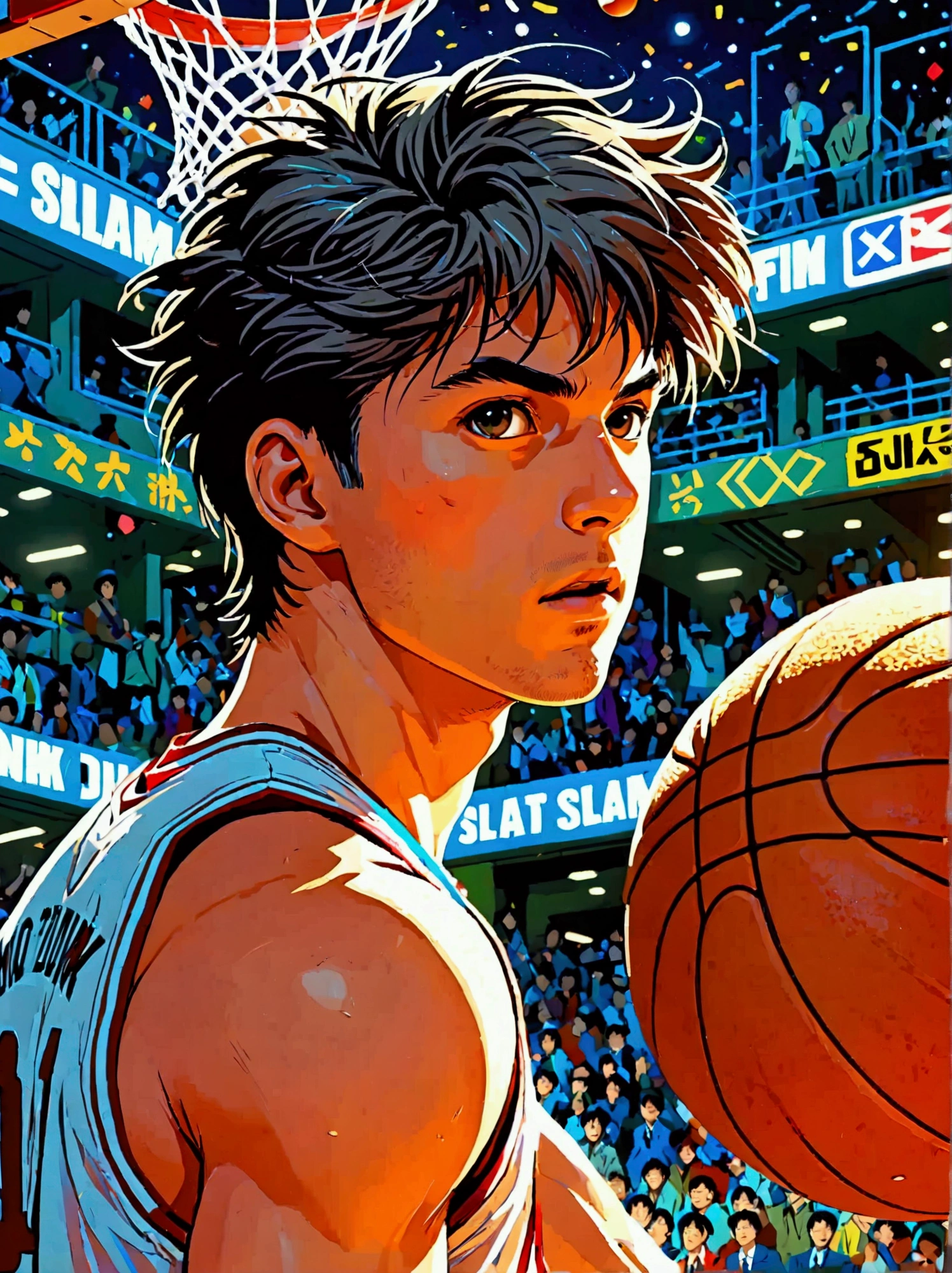 SLAM DUNK, Sakuragi Hanamichi, ((incredible dunk)), (big slam dunk moment:1.5), extremely detailed action pose, intense expression, focused eyes, sweat flying, basketball court background, crowd cheering, highly dynamic, sharp focus, vivid colors, studio lighting, dramatic lighting, nostalgic color palette, high contrast, physically-based rendering, ultra-fine painting, motion blur, anime style, UHD, masterpiece, accurate, anatomically correct, textured skin, best quality
