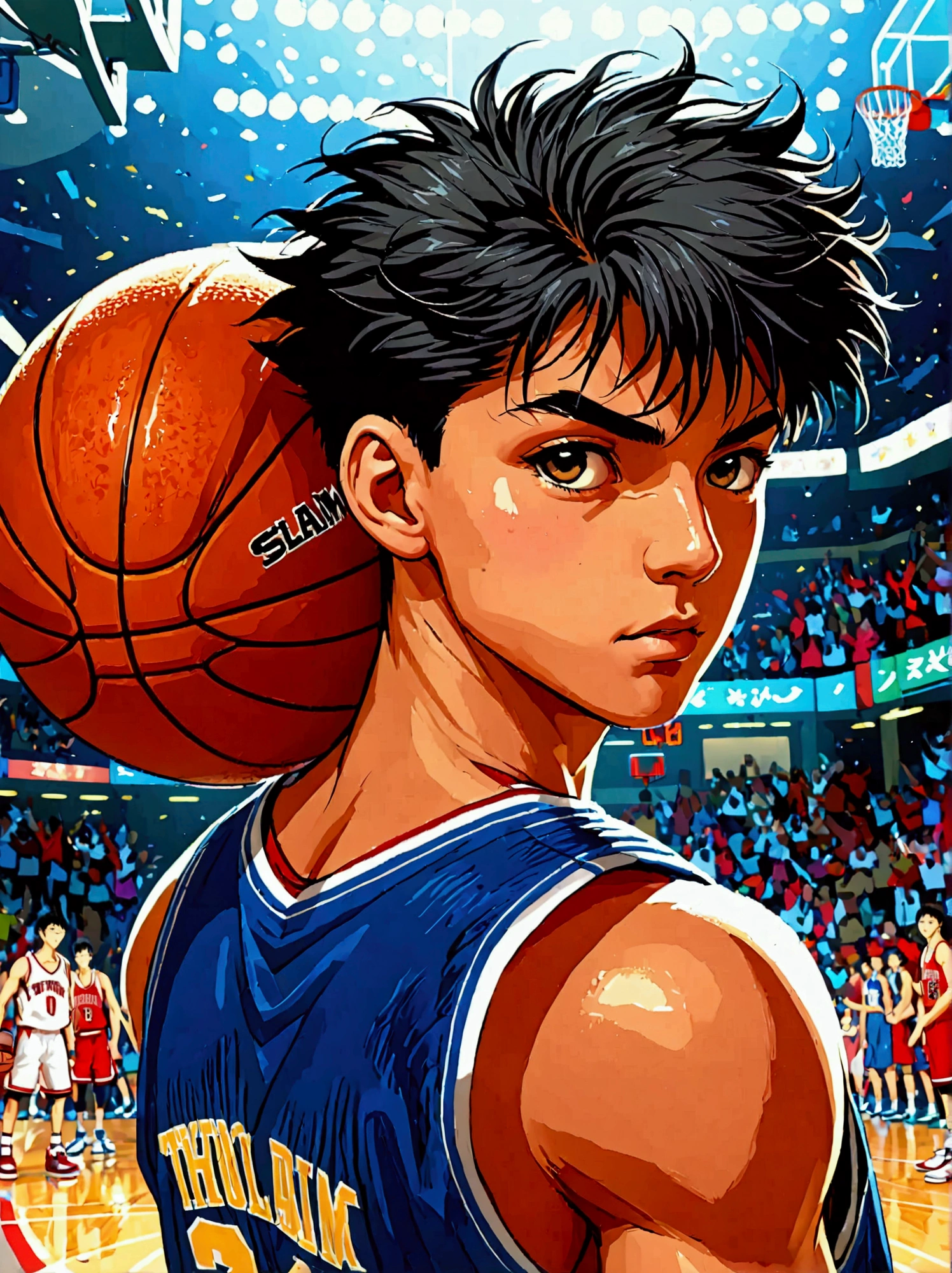 SLAM DUNK, Sakuragi Hanamichi, ((incredible dunk)), (big slam dunk moment:1.5), extremely detailed action pose, intense expression, focused eyes, sweat flying, basketball court background, crowd cheering, highly dynamic, sharp focus, vivid colors, studio lighting, dramatic lighting, nostalgic color palette, high contrast, physically-based rendering, ultra-fine painting, motion blur, anime style, UHD, masterpiece, accurate, anatomically correct, textured skin, best quality