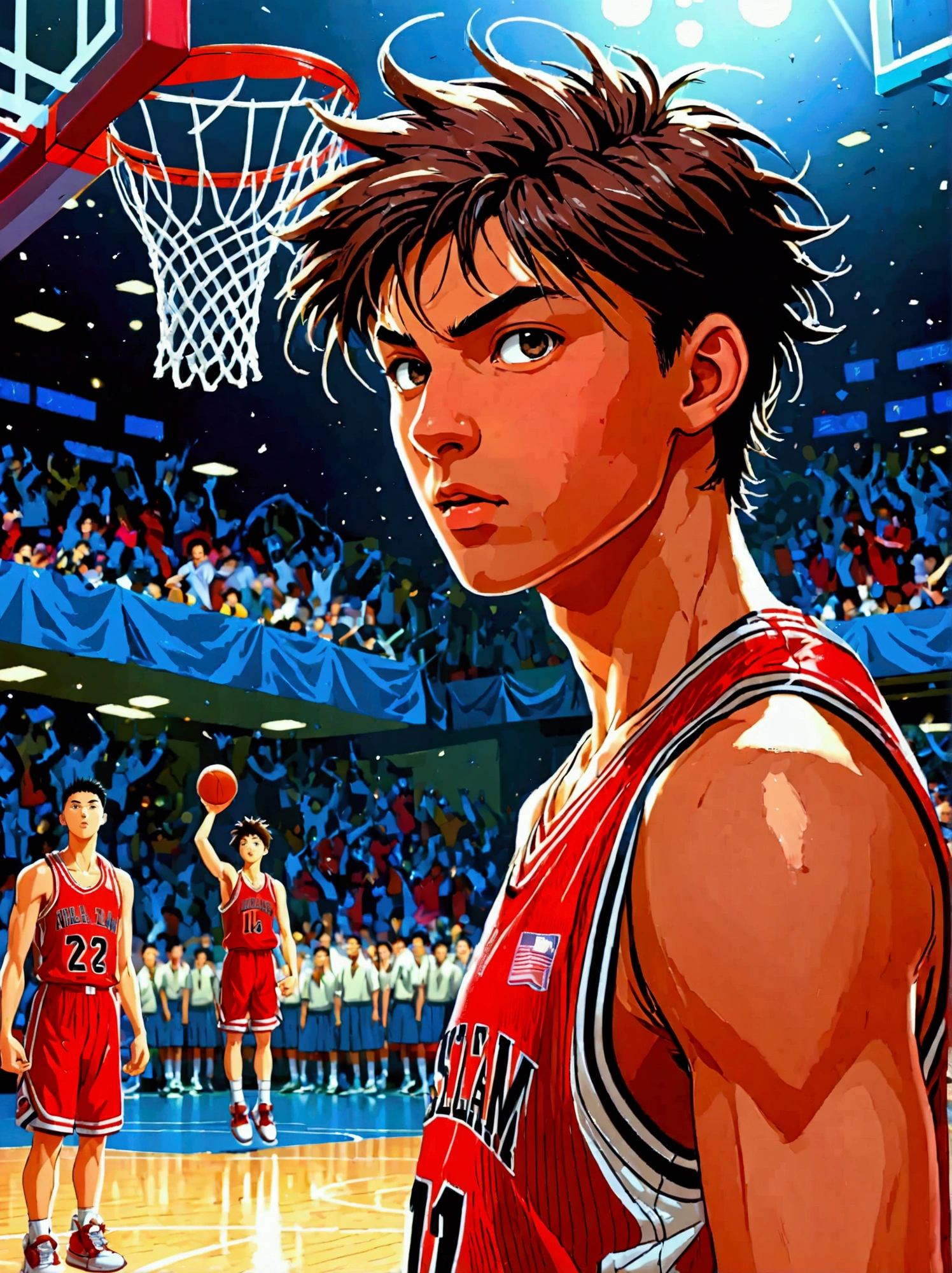 SLAM DUNK, Sakuragi Hanamichi, ((incredible dunk)), (big slam dunk moment:1.5), extremely detailed action pose, intense expression, focused eyes, sweat flying, basketball court background, crowd cheering, highly dynamic, sharp focus, vivid colors, studio lighting, dramatic lighting, nostalgic color palette, high contrast, physically-based rendering, ultra-fine painting, motion blur, anime style, UHD, masterpiece, accurate, anatomically correct, textured skin, best quality