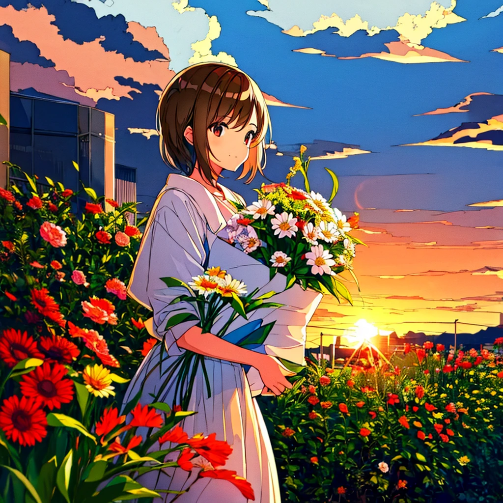 Girl with a bouquet Modern ulonimbus Summer Flower shop Sunset
