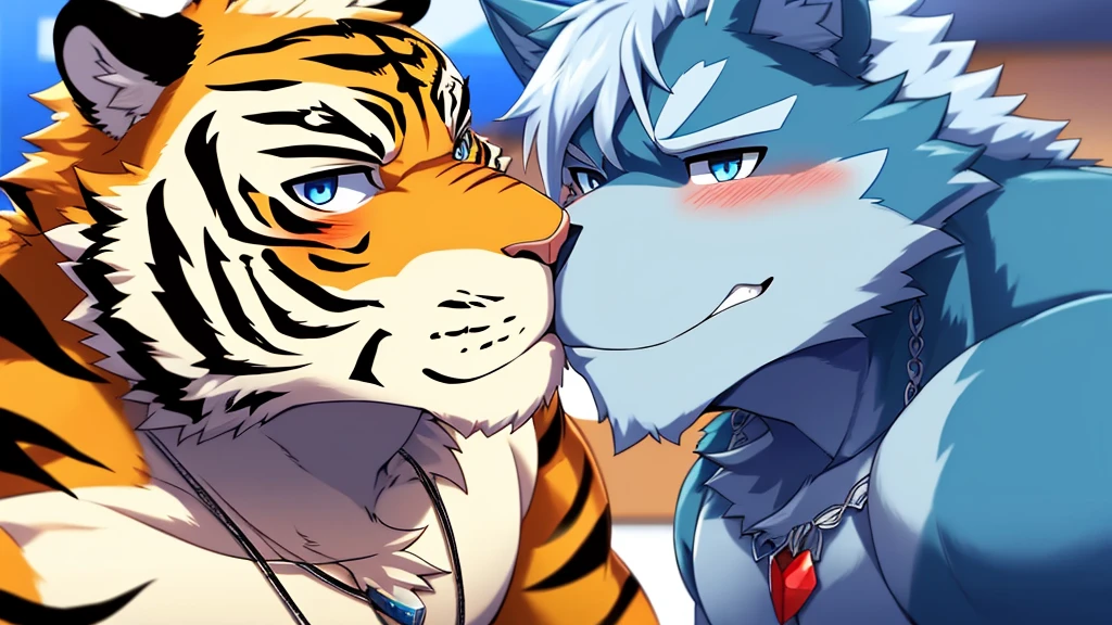 bynamic angle,depth of field, motion blur, absurdres,looking at viewer, (best quality), (masterpiece), (ultra detailed),(detailed eyes),sharp focus,manga Huge body chest 8k masterpiece,High quality,furry,(two man),(A tiger kissing a dark Blue wolf muscular),cute,embarrassed expression,perfect background,(Around 25 years old),whole body,School classroom,There are two species,(tiger white hair) (Wolf sky blue eyes galaxy necklace rain) cyber city