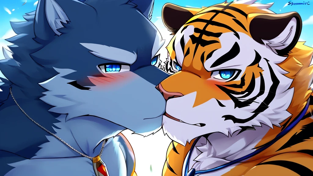 bynamic angle,depth of field, motion blur, absurdres,looking at viewer, (best quality), (masterpiece), (ultra detailed),(detailed eyes),sharp focus,manga Huge body chest 8k masterpiece,High quality,furry,(two man),(A tiger kissing a dark Blue wolf muscular),cute,embarrassed expression,perfect background,(Around 25 years old),whole body,School classroom,There are two species,(tiger white hair) (Wolf sky blue eyes galaxy necklace rain) cyber city