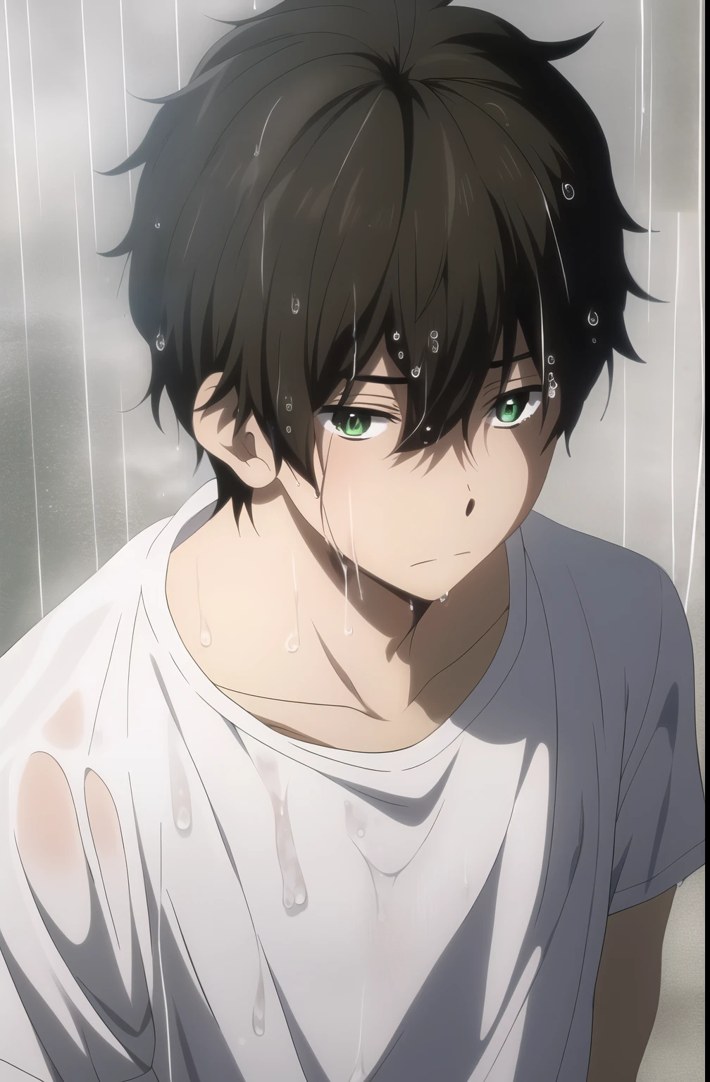 masterpiece, best quality, youle, 1boy, male focus, solo, brown hair, green eyes, standing, straight-on, upper body, (looking up), wet, looking at sky, thinking, t-shirt, rain, dark, fog