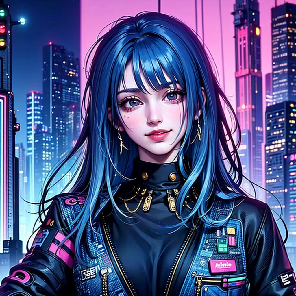 there is a woman with blue hair and a jacket, hyper-realistic cyberpunk style, realistic art style, Retrato ciberpunk, 🤤 portrait of , cyberpunk artstyle, cyberpunk anime digital art, Retrato de RossDraws, garota cyberpunk sonhadora, the cyberpunk portrait of , portrait of cg society, cyberpunk style ， hyper realist, realism art style, photorealistic art style, rossdraws pastel vibrante, smiling