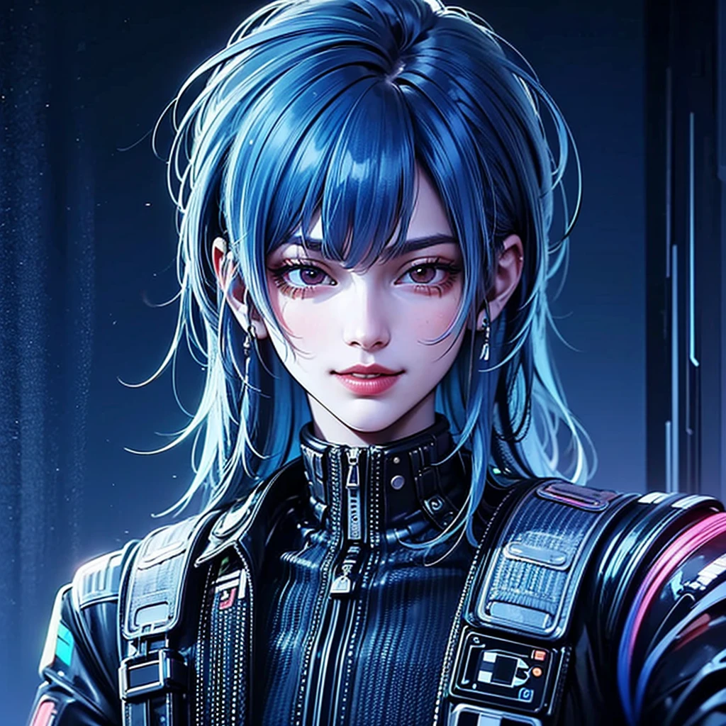 there is a woman with blue hair and a jacket, hyper-realistic cyberpunk style, realistic art style, Retrato ciberpunk, 🤤 portrait of , cyberpunk artstyle, cyberpunk anime digital art, Retrato de RossDraws, garota cyberpunk sonhadora, the cyberpunk portrait of , portrait of cg society, cyberpunk style ， hyper realist, realism art style, photorealistic art style, rossdraws pastel vibrante, smiling