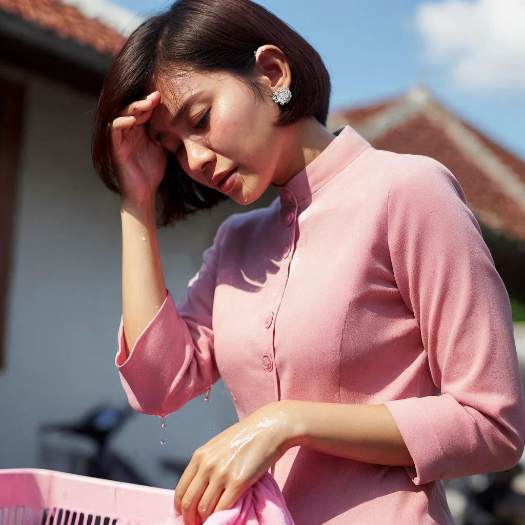indonesian mother, 29 years old, short hair, thick hair, pink longsleeve, polite clothes, standing, washing clothes,sweating, stifling hot,wipe off sweat, frown,side angle, middle position, medium view, outdoor bakcground,bright sun, blue sky, Ultra HD --v 6.0, high brightness, soft bright lighting, daylight lighting