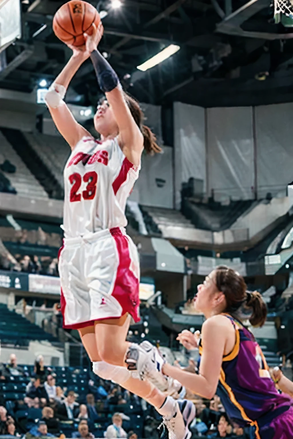 ((Women's Basketball Players)), young and beautiful girl、美しい顔のdetailedな描写、alone, Dunk Shot, Jumping Shoot、Close-up、Motion Blur、Dynamic Angle、stadium lighting、Blur the background、8Kdetailed, (detailed、masterpiece、Highest quality)、